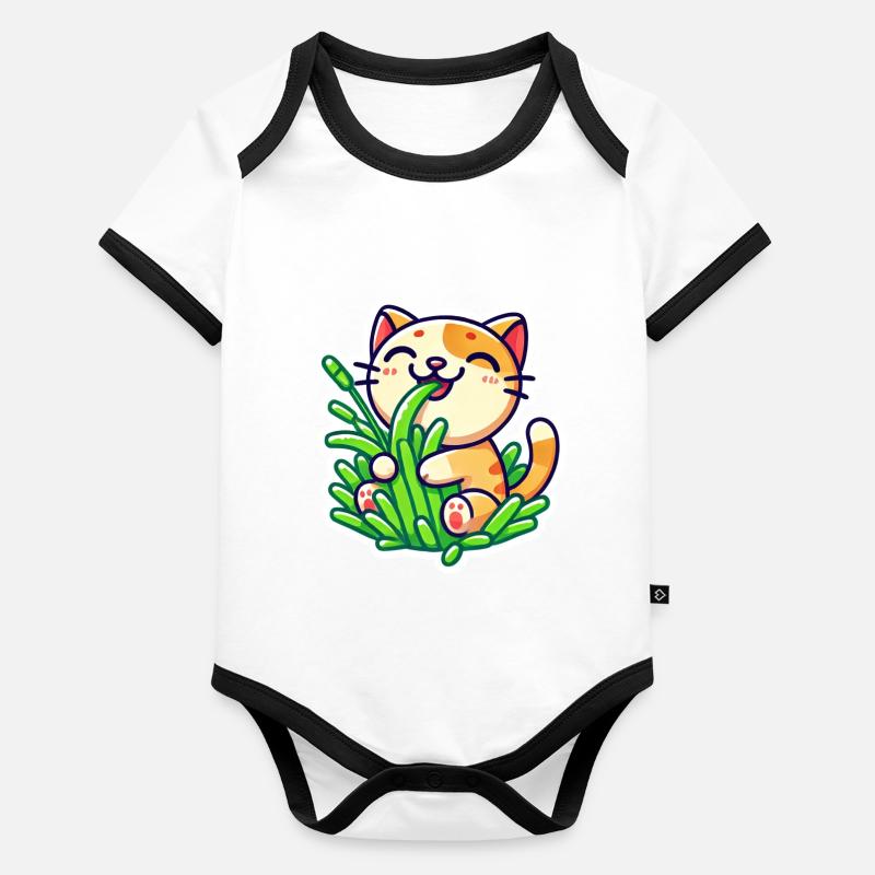 Chat roux mignon mangeant de l’herbe verte Body Bébé bio contrasté manches courtes