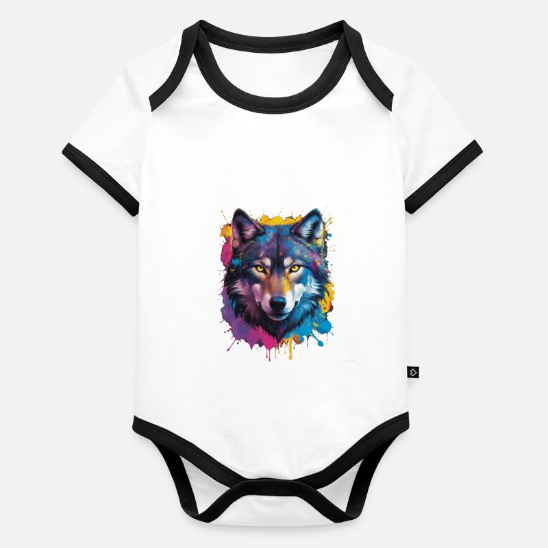 Loup coloré avec expressivité et Body Bébé bio contrasté manches courtes