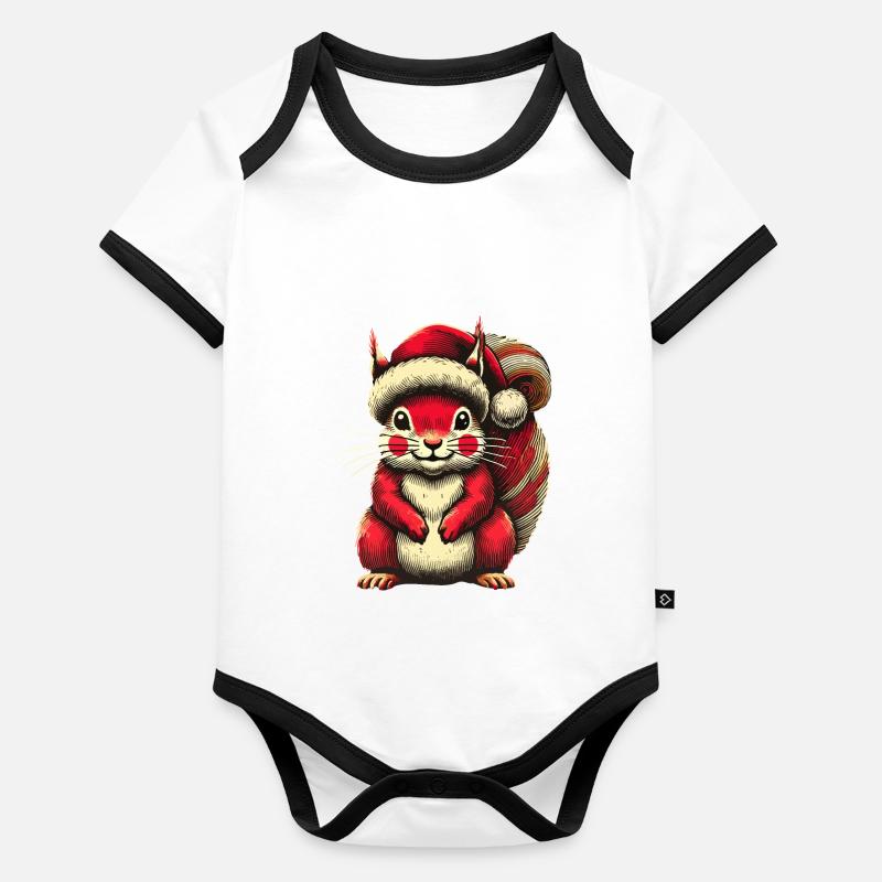 Écureuil mignon avec chapeau de Noël Body Bébé bio contrasté manches courtes