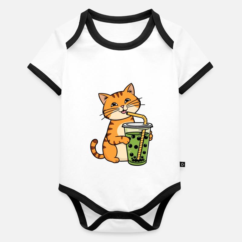 Katze Bubble Tea Grüner Matcha Boba Tee Baby Bio-Kurzarm-Kontrastbody