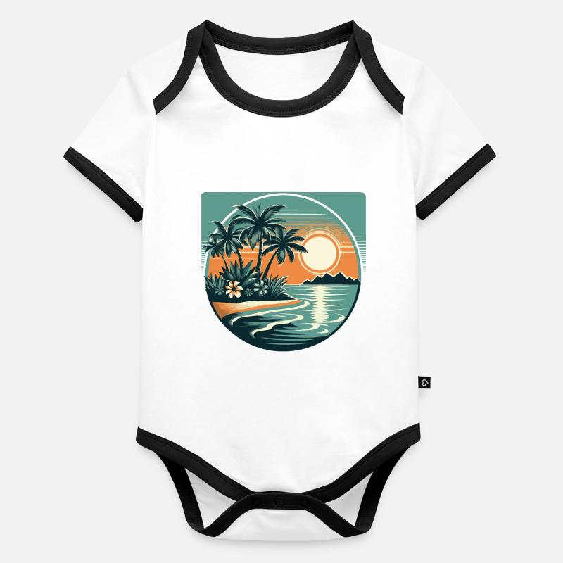 plage, palmier, coucher de soleil, vacances Body Bébé bio contrasté manches courtes