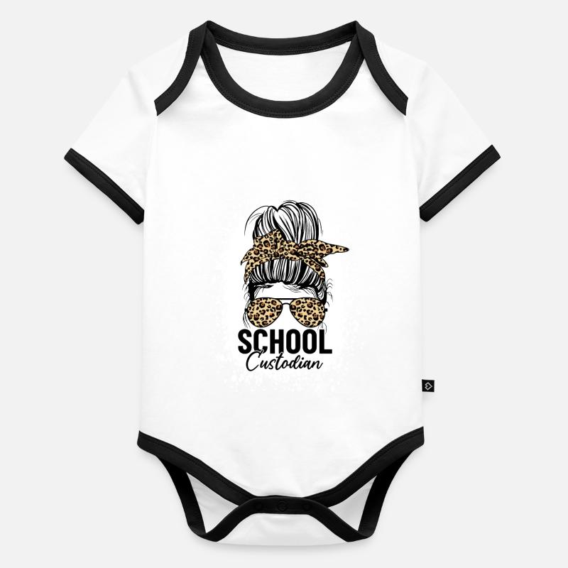 Gardien d’école Messy Bun Léopard Drôle de nettoyage Body Bébé bio contrasté manches courtes