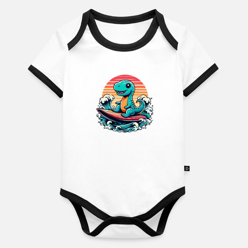 Süßer T-Rex Surfer Surferin Surfen Geschenk Baby Bio-Kurzarm-Kontrastbody