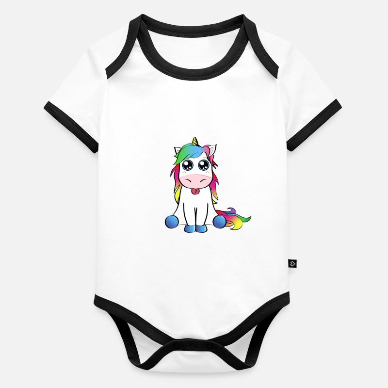 Regenbogen Einhorn Geschenkidee streckt Zunge raus Baby Bio-Kurzarm-Kontrastbody
