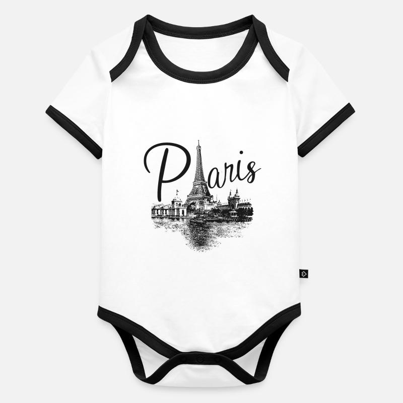 Paris Kunst Zeichnung Schwarz Weiß Eiffel Baby Bio-Kurzarm-Kontrastbody
