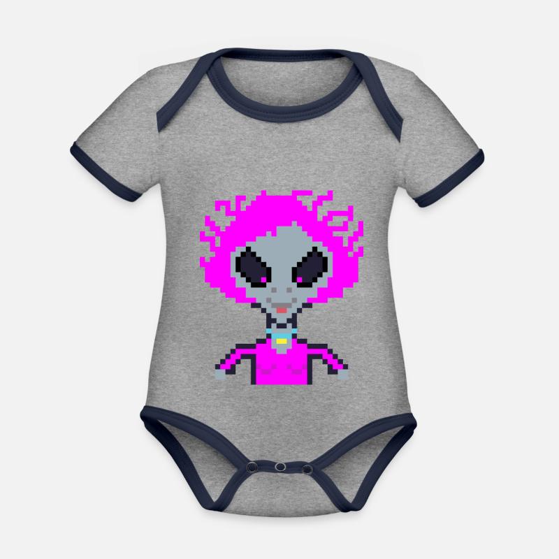 Pixel Alien "Violet Crazy" - Baby Bio-Kurzarm-Kontrastbody - Grau meliert/Navy