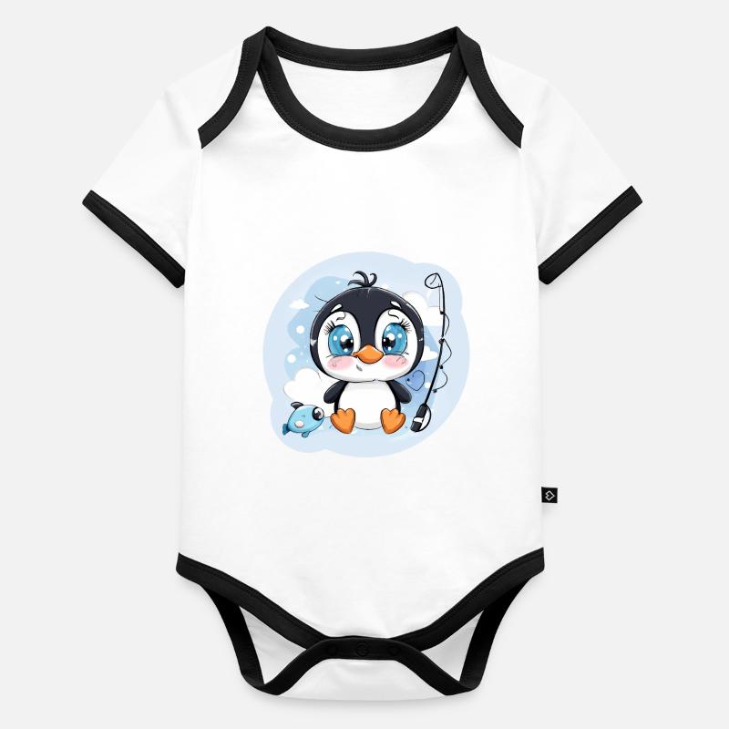 Mignon bébé pingouin avec une canne à pêche Body Bébé bio contrasté manches courtes