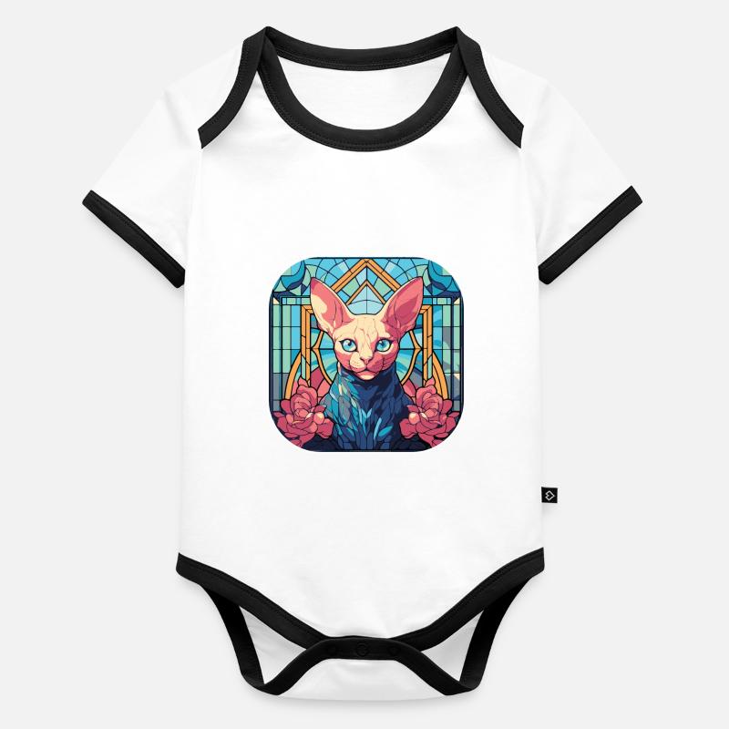 Buntes Aquarellgemälde der Sphynx-Katzenrasse Baby Bio-Kurzarm-Kontrastbody