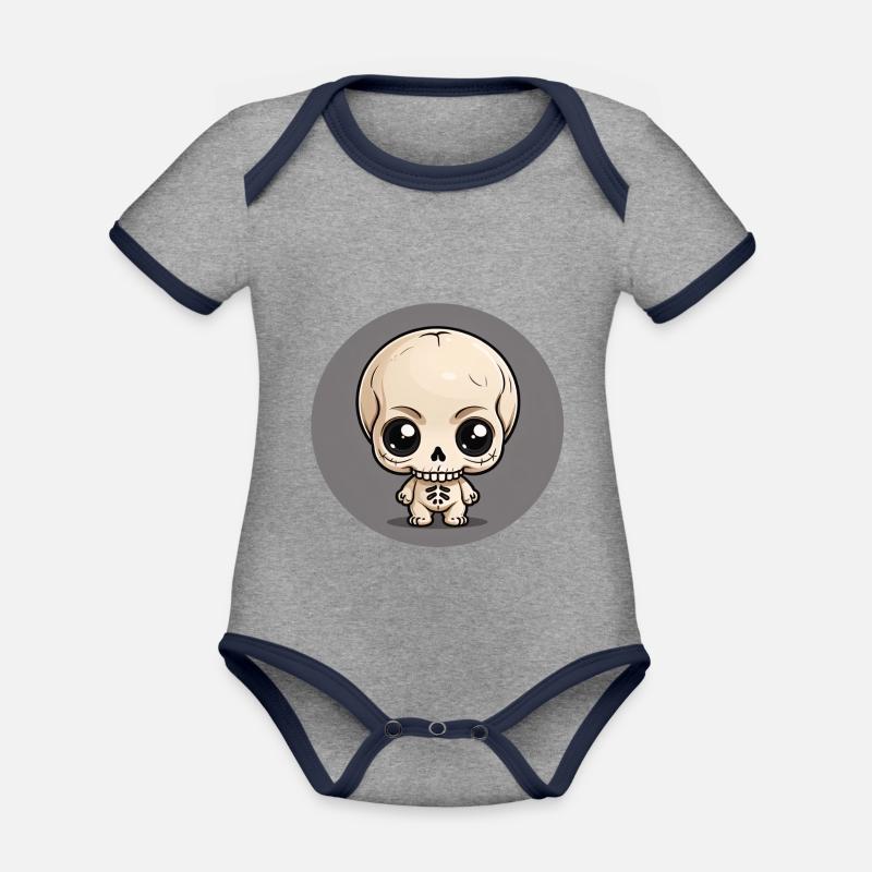 Halloween - Petit squelette mignon - Body Bébé bio contrasté manches courtes - gris chiné/bleu marine