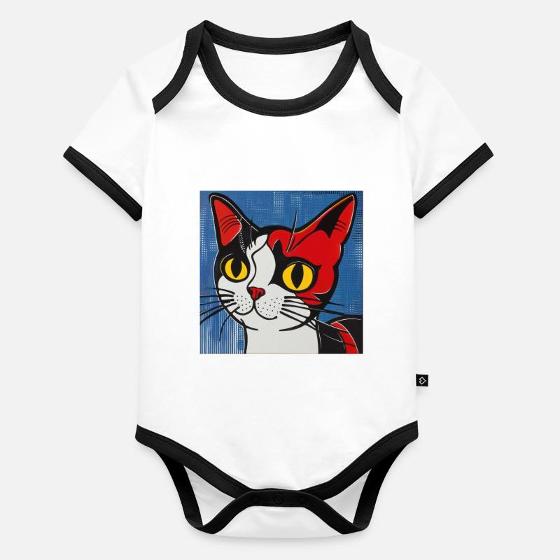 Chat, motif de chat, bande dessinée Body Bébé bio contrasté manches courtes