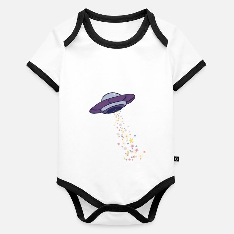 UFO et fleurs Body Bébé bio contrasté manches courtes