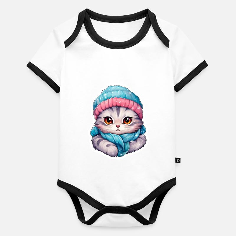 Chat avec chapeau et écharpe - Body Bébé bio contrasté manches courtes - 