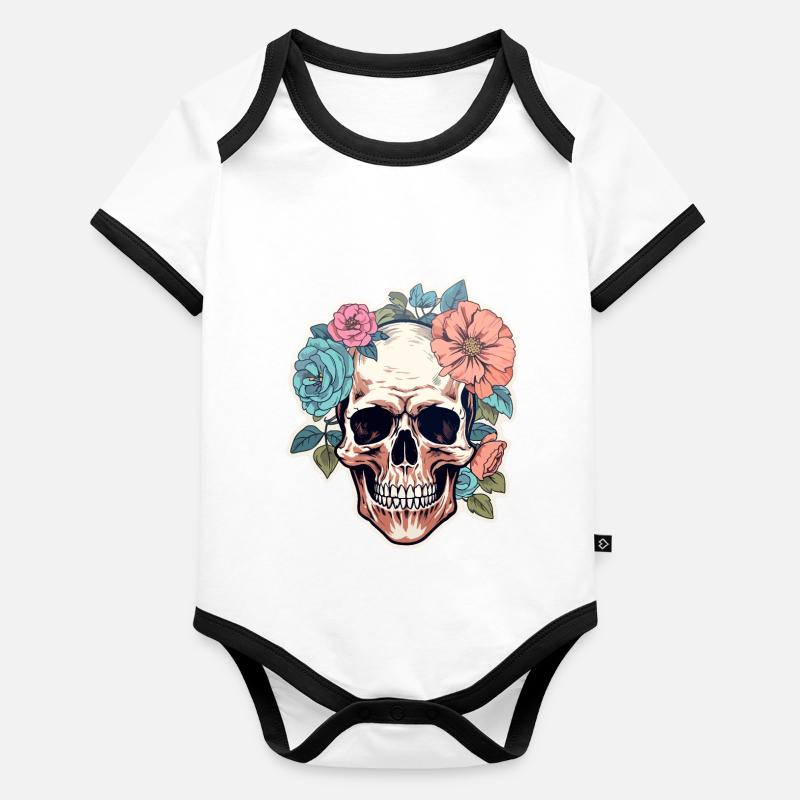 Crâne humain et fleurs 1 Body Bébé bio contrasté manches courtes