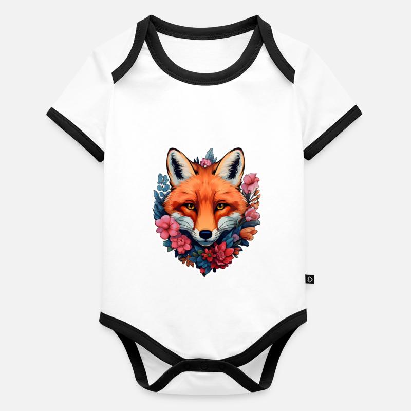 Tête de renard entourée de fleurs Body Bébé bio contrasté manches courtes