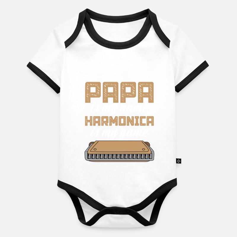 Papa est mon nom Harmonica est mon jeu Body Bébé bio contrasté manches courtes