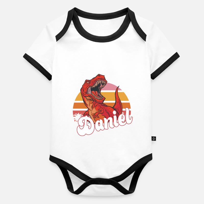 DANIEL - Beautiful boy name with T-REX Dino Organic Baby Contrasting Bodysuit