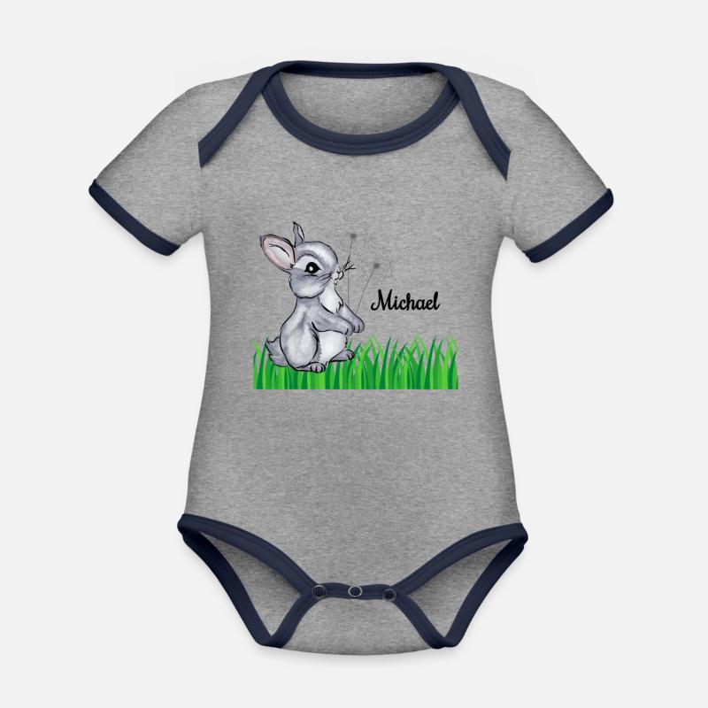 Rabbit Name Gift Michael - Organic Baby Contrasting Bodysuit - heather grey/navy