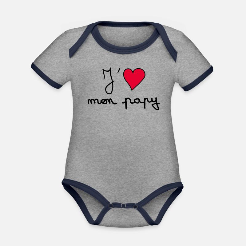 J'aime mon papy - Body Bébé bio contrasté manches courtes - gris chiné/bleu marine