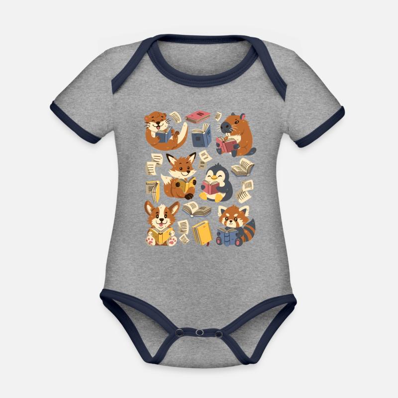 Reading Books: Capybara, Fox, Corgi, Otter - Organic Baby Contrasting Bodysuit - heather grey/navy