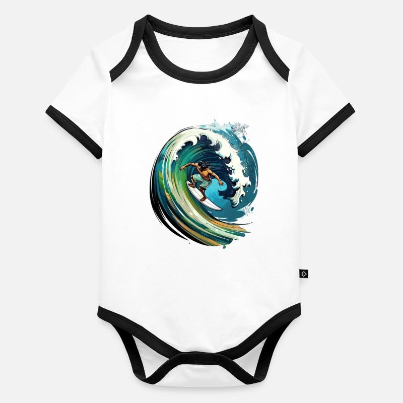 Surfeur sur une grosse vague dans une illustration 2D Body Bébé bio contrasté manches courtes