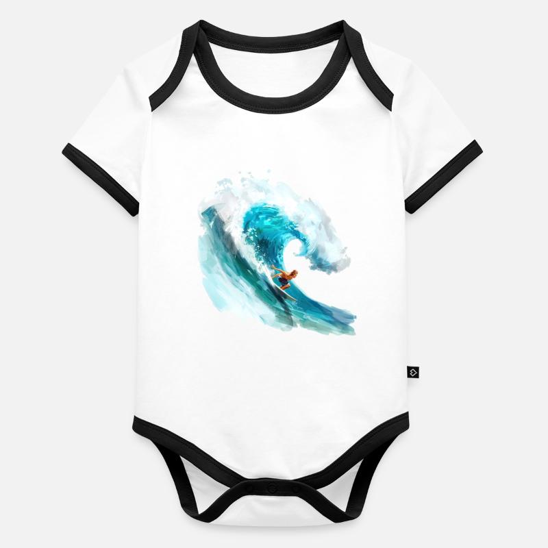 Surfeur surfant sur une grosse vague en 2D Body Bébé bio contrasté manches courtes