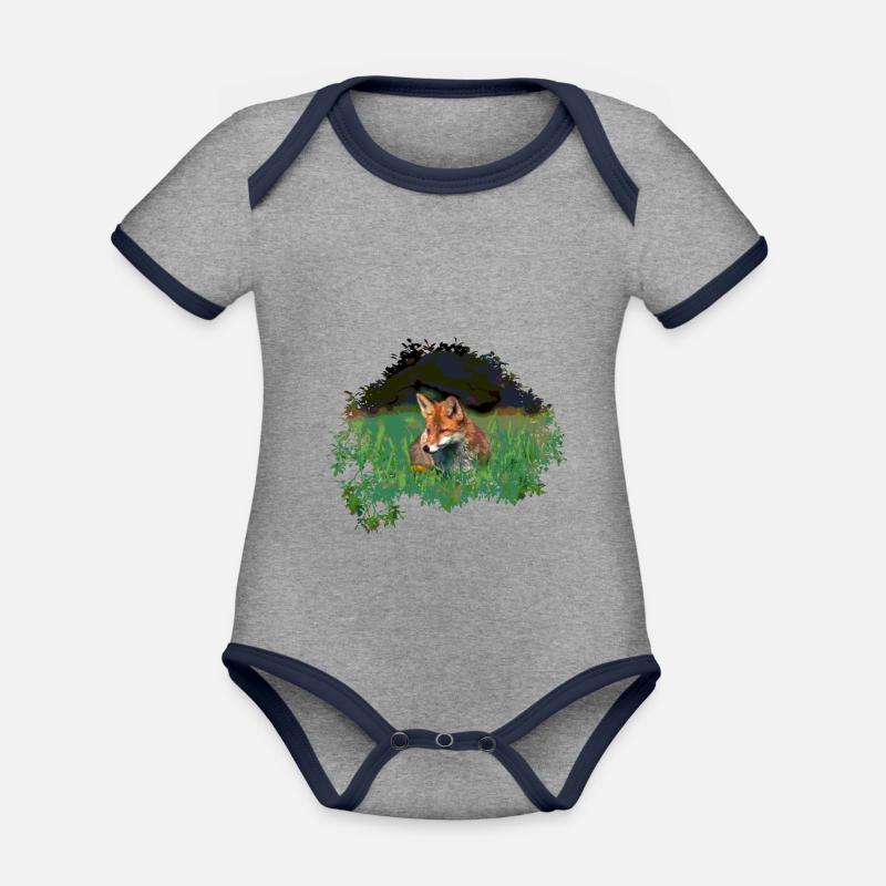 beautiful red fox - fox in meadow - Organic Baby Contrasting Bodysuit - heather grey/navy