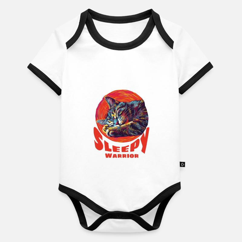 Chat guerrier endormi Body Bébé bio contrasté manches courtes
