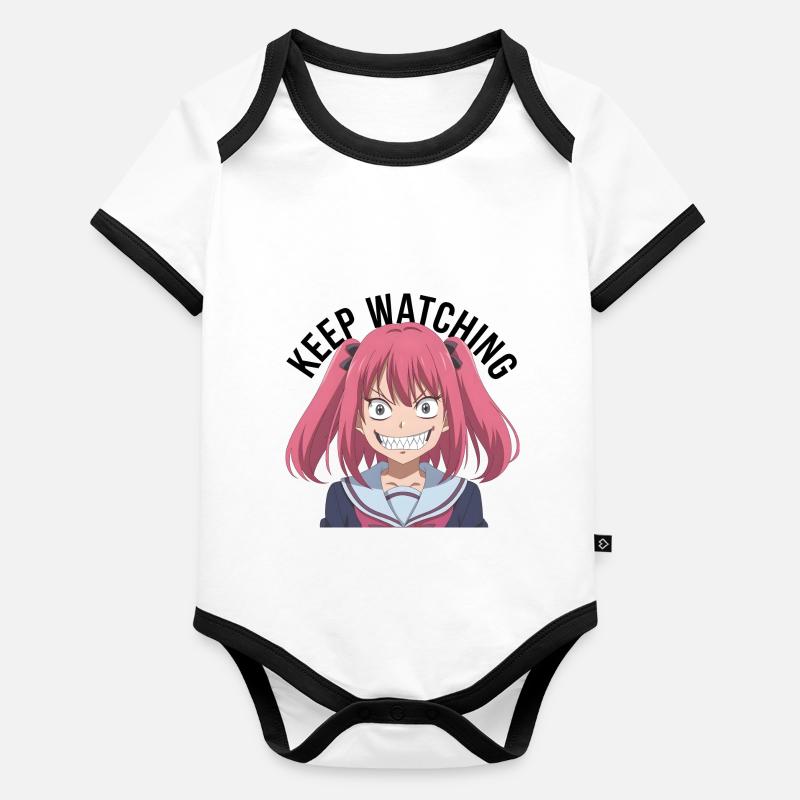 Keep watching, crazy, anime, pink hair, black text Baby Bio-Kurzarm-Kontrastbody