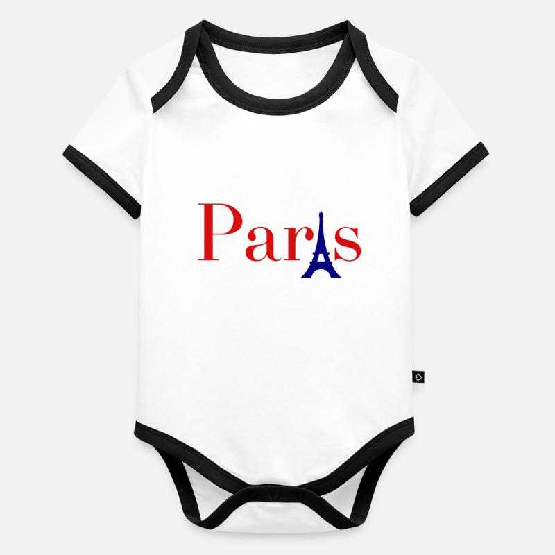 Paris Red Text with Blue Eiffel Tower Organic Baby Contrasting Bodysuit