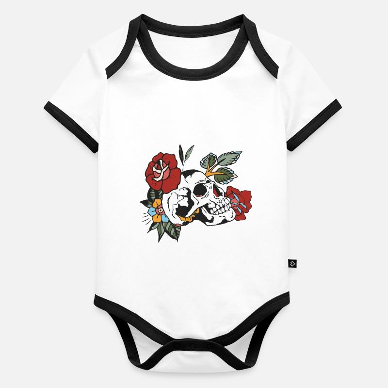 crane fleur rose feuille tattoo tete de mort Body Bébé bio contrasté manches courtes