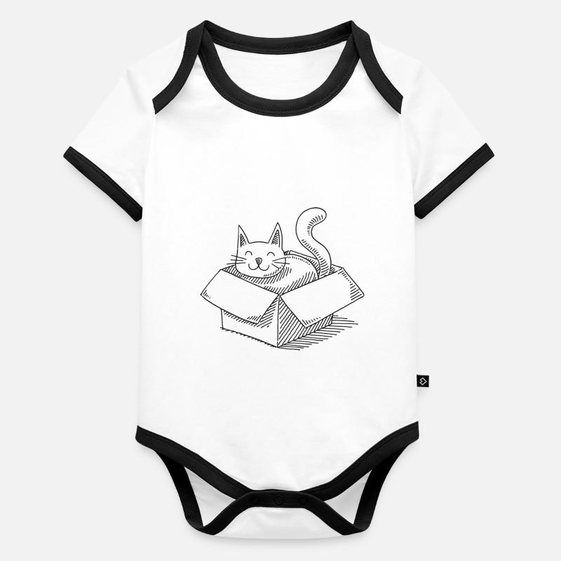 Un chat de dessin animé est assis dans une boîte Body Bébé bio contrasté manches courtes