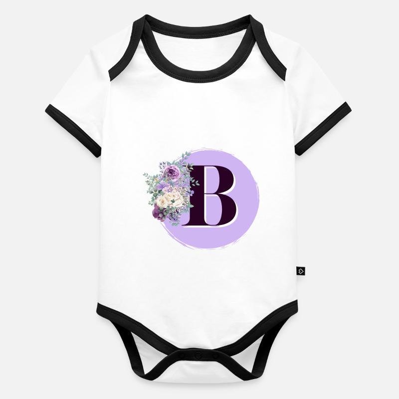 lettre B Couronne de fleurs violet Body Bébé bio contrasté manches courtes