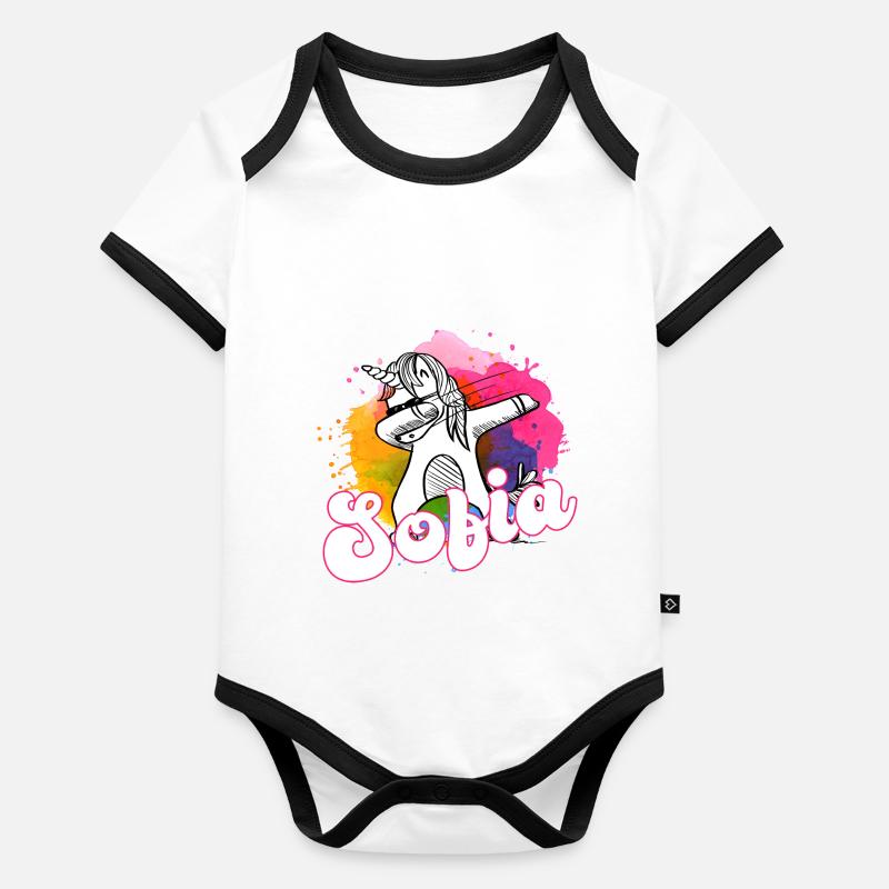 SOFIA - Beau nom avec dabbing licorne Body Bébé bio contrasté manches courtes