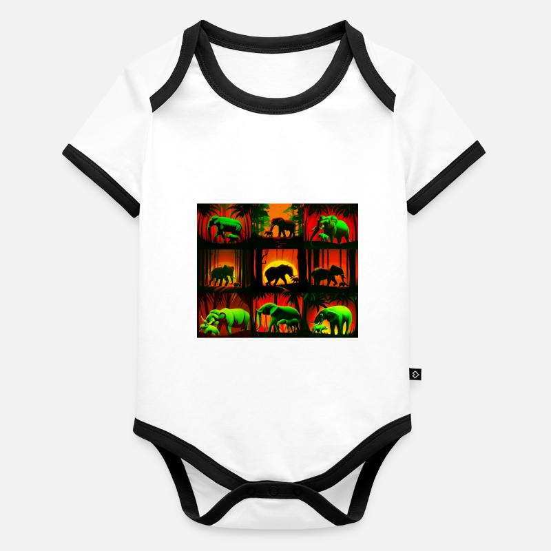Elephants Pattern Design - Red/Green Organic Baby Contrasting Bodysuit