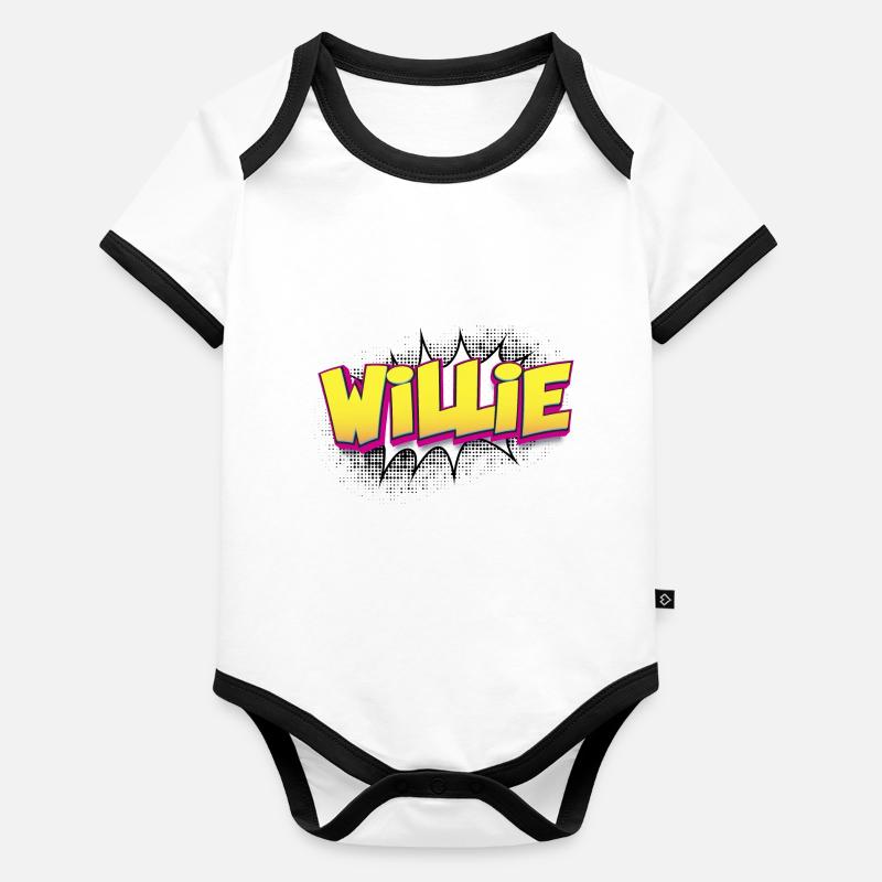 Willie Custom Name Comic Book Style Pop Art, Organic Baby Contrasting Bodysuit