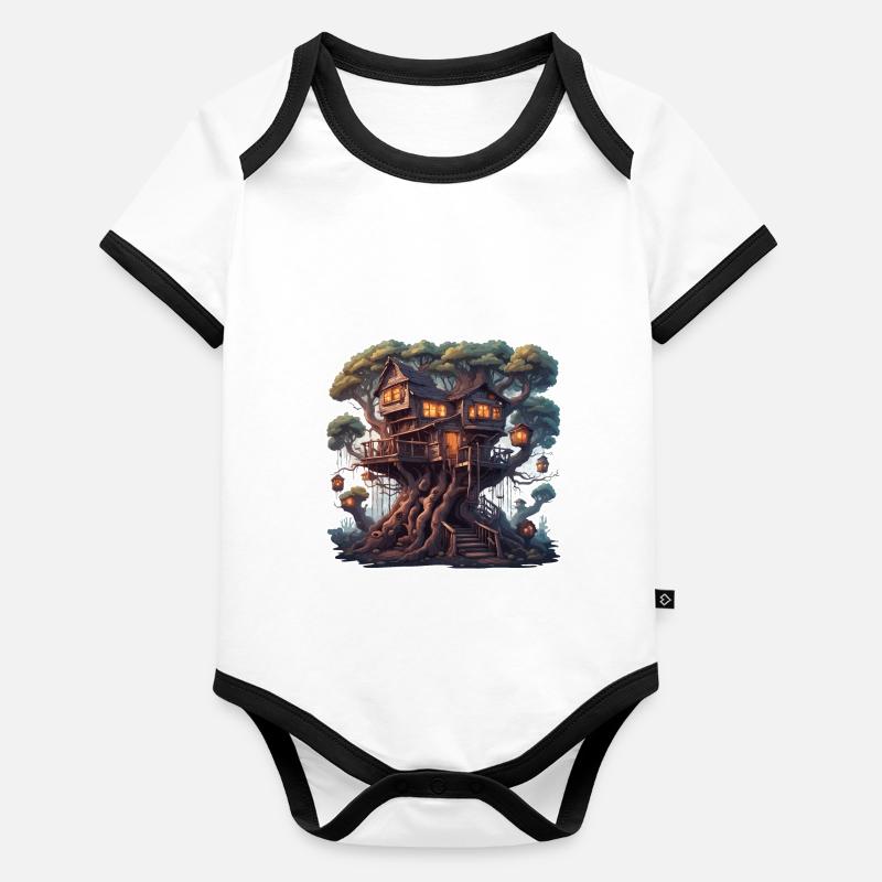 Baumhaus / Baumkrone / Baumhütte / Abenteuer Baby Bio-Kurzarm-Kontrastbody