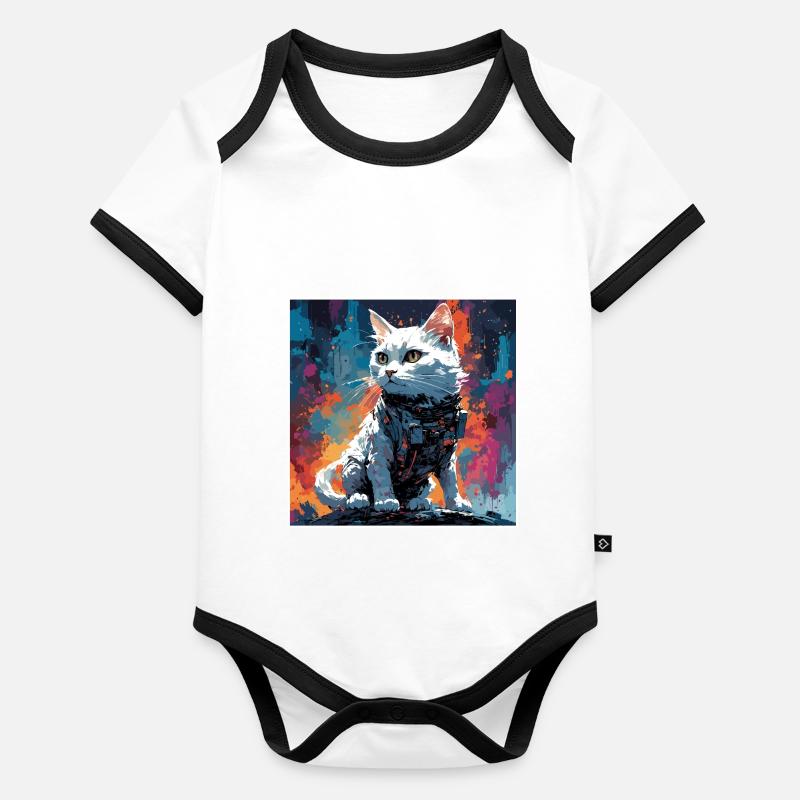 Astronaute / Espace / Animal / Chat / Vaisseau spatial Body Bébé bio contrasté manches courtes
