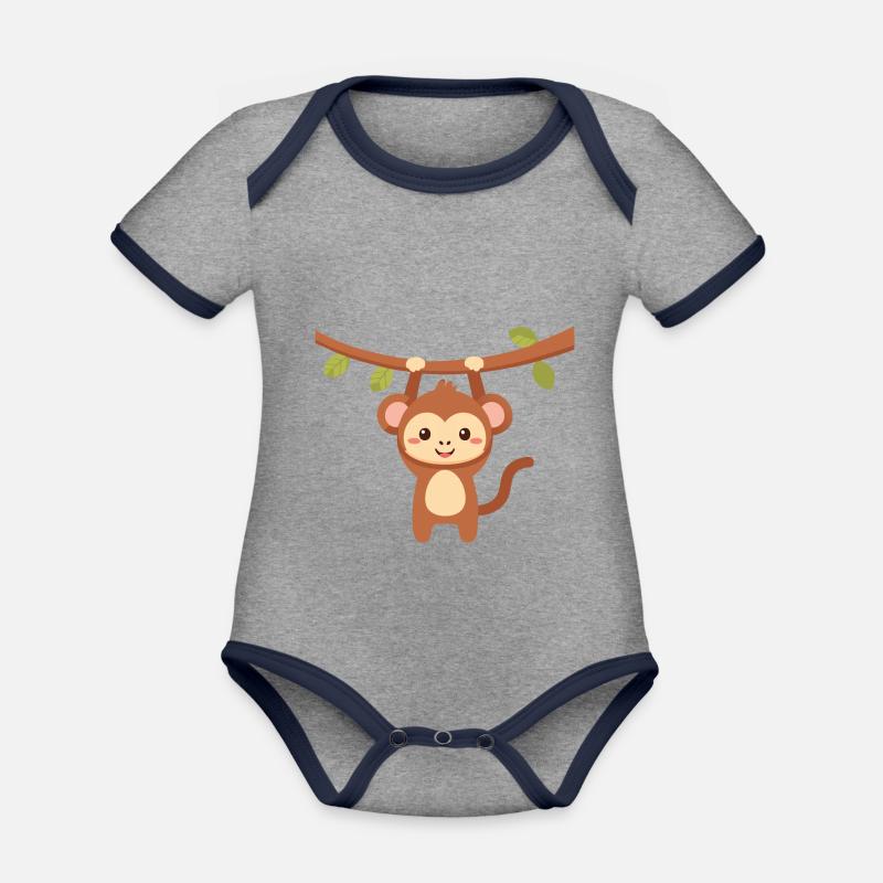 Monkey Design - Monkey Hanging on Tree - Organic Baby Contrasting Bodysuit - heather grey/navy
