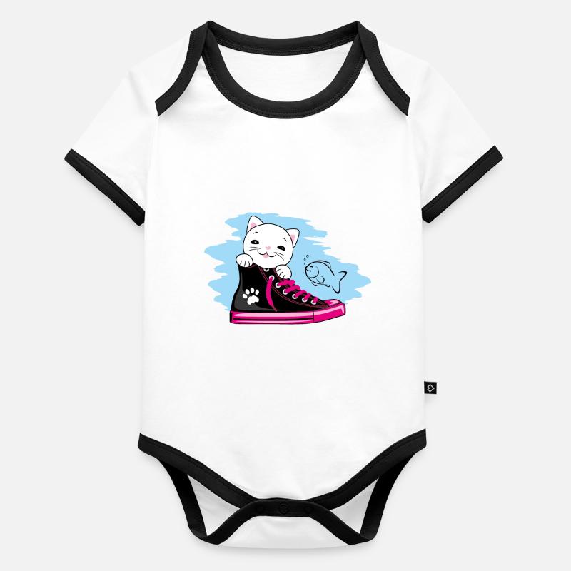 Funny white kitten peeking out of a sneaker Organic Baby Contrasting Bodysuit