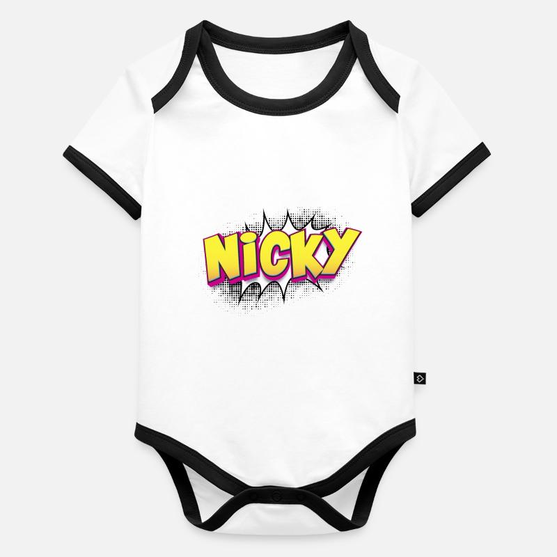 Nicky Custom Name Comic Book Style Pop Art, Nicky Organic Baby Contrasting Bodysuit