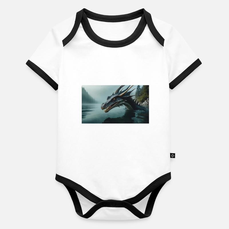 A realistic bad dark dragon in a foggy river Organic Baby Contrasting Bodysuit