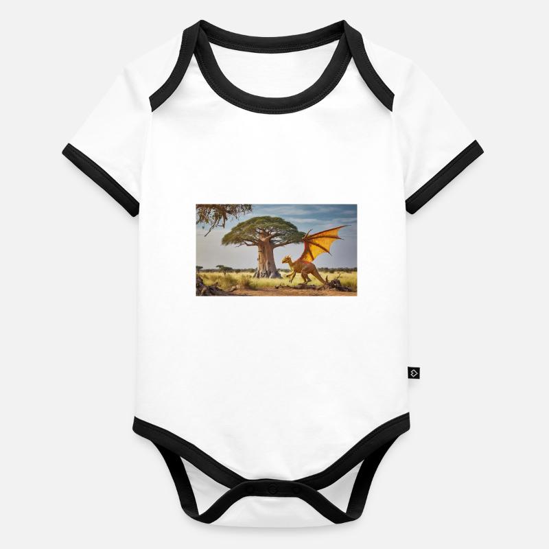 Realistischer orangefarbener Drache in einer afrikanischen Wüste Baby Bio-Kurzarm-Kontrastbody