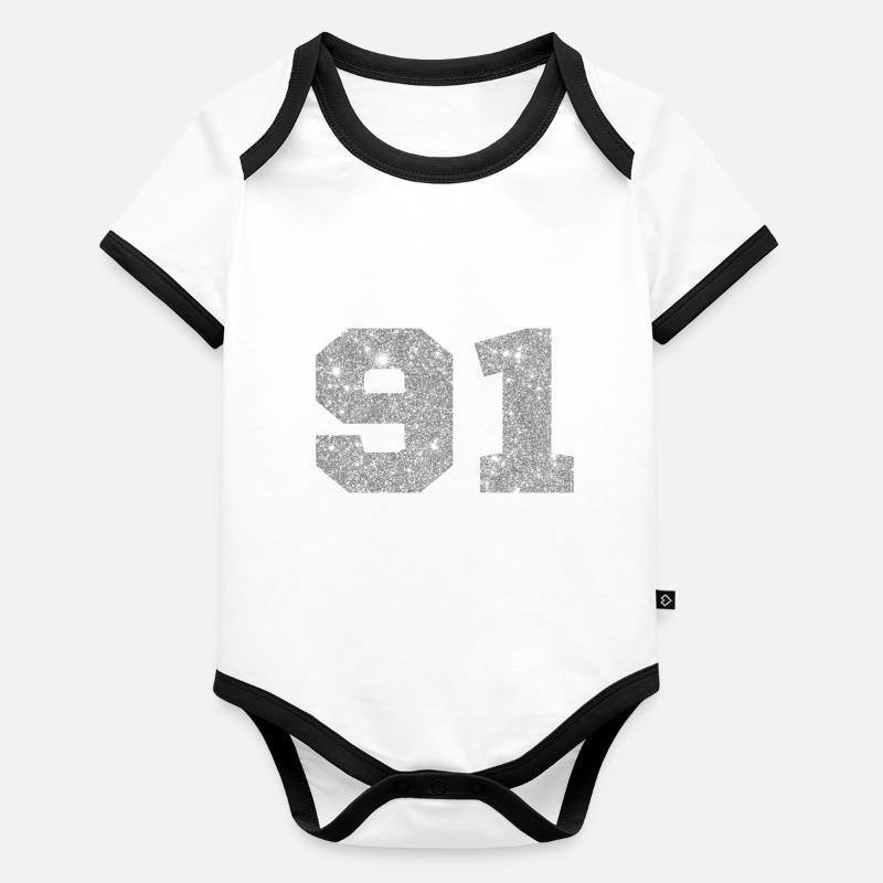 Number 91 Silver Glitter - 91st Birthday Organic Baby Contrasting Bodysuit