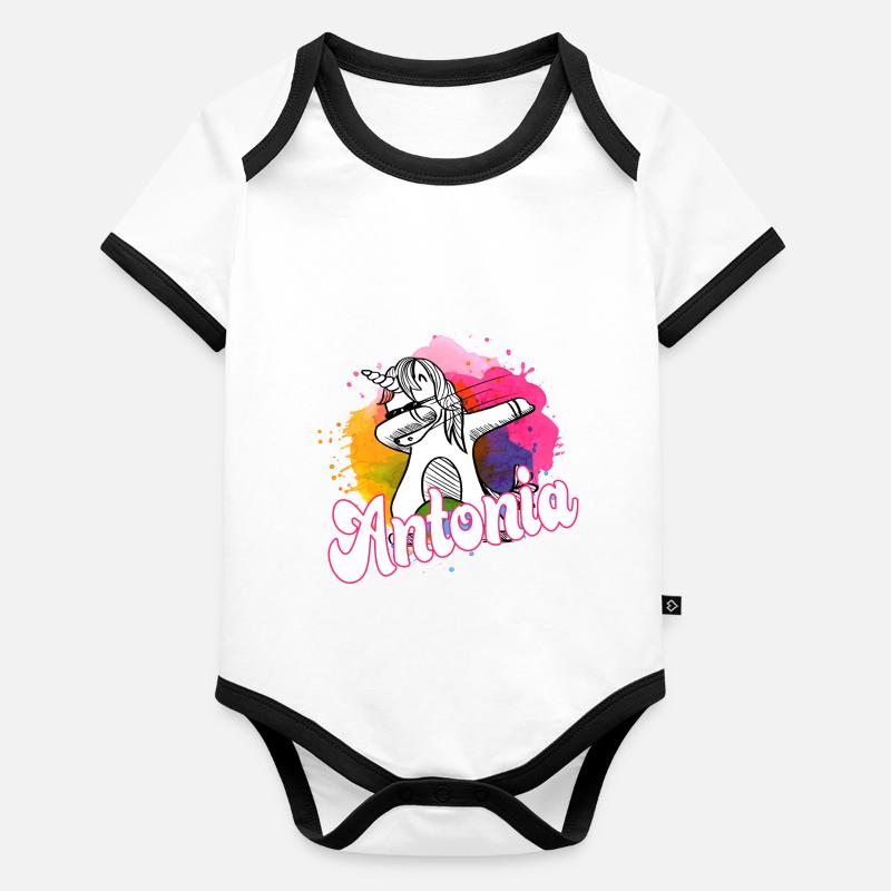 Beau nom avec licorne dabbing - ANTONIA Body Bébé bio contrasté manches courtes