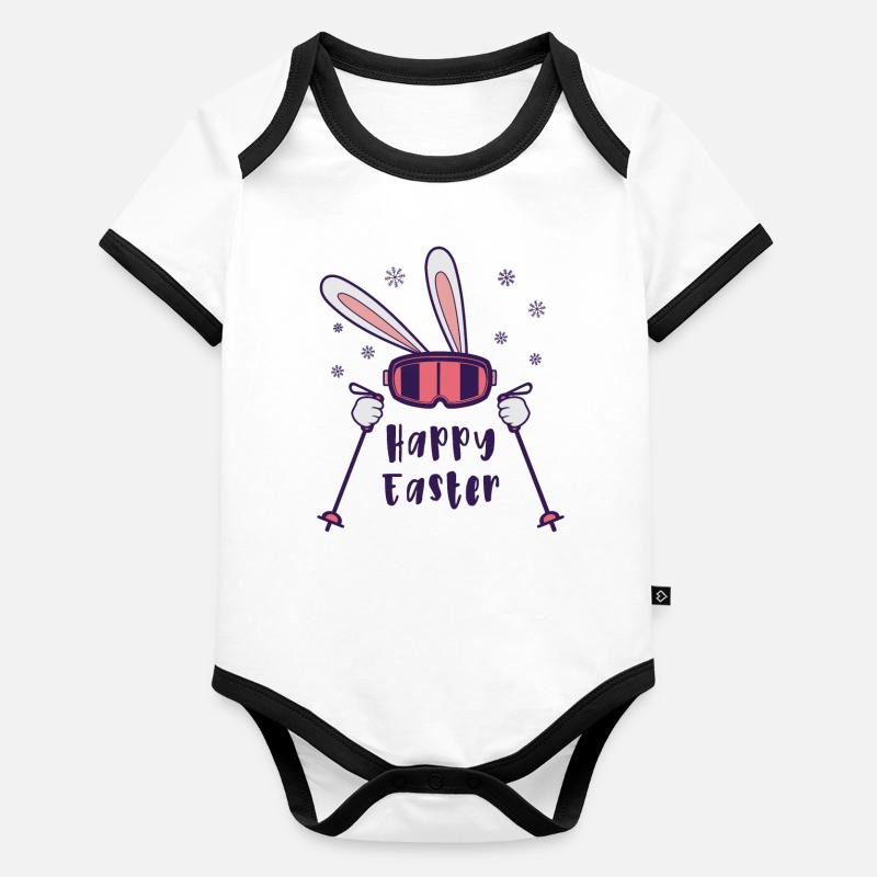 Joyeuses Pâques de la part du lapin de ski avec bâtons de ski Body Bébé bio contrasté manches courtes