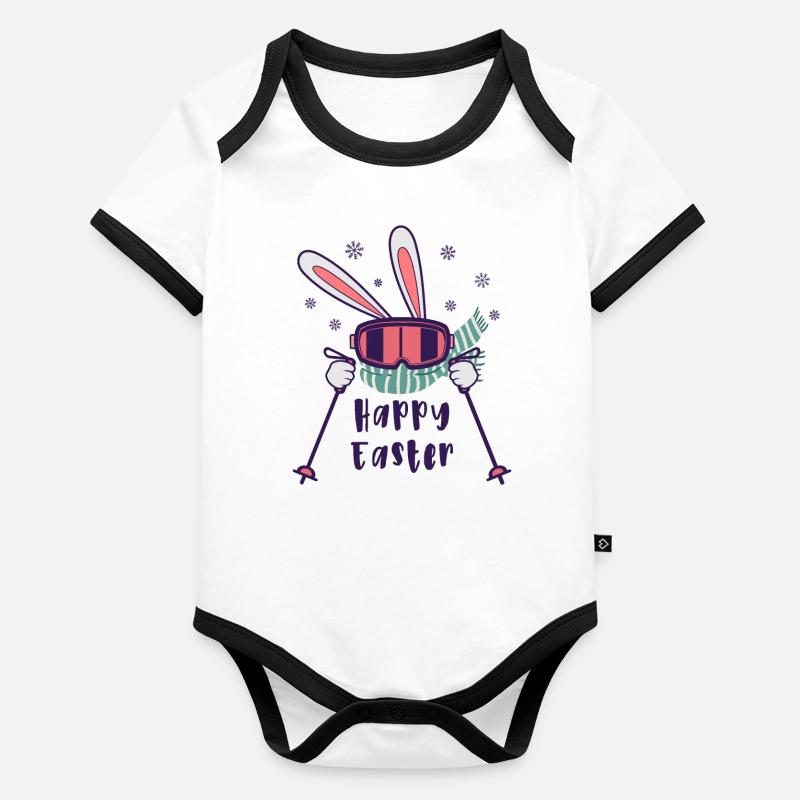 Joyeuses Pâques de la part du lapin de ski avec bâtons de ski Body Bébé bio contrasté manches courtes