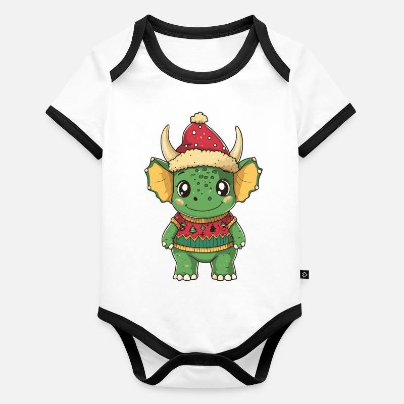 Dinosaur triceratops Christmas Comic Organic Baby Contrasting Bodysuit