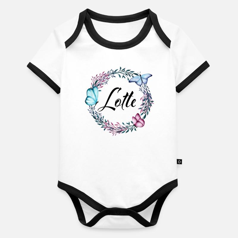 Lotte, nom, lettrage, couronne de fleurs, cadeau Body Bébé bio contrasté manches courtes