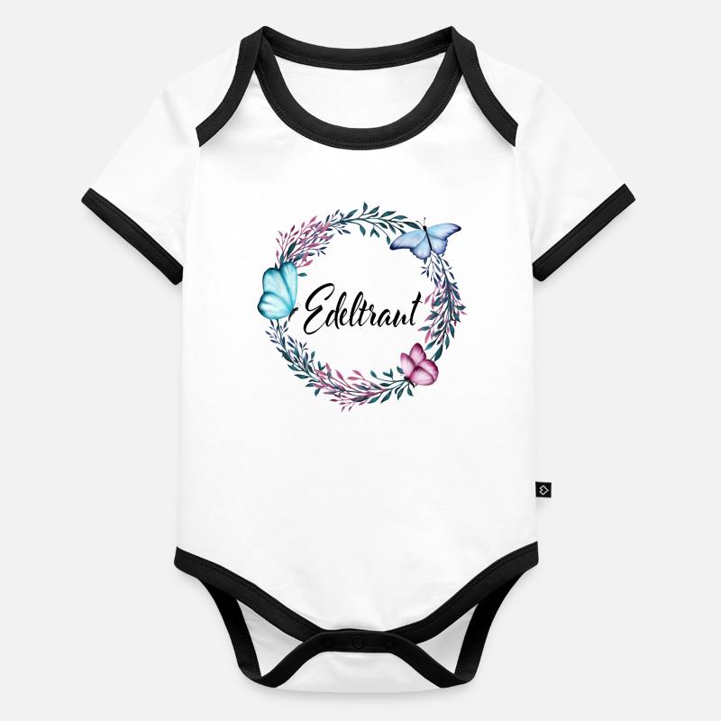Edeltraut, nom, lettrage, couronne fleurs, cadeau Body Bébé bio contrasté manches courtes