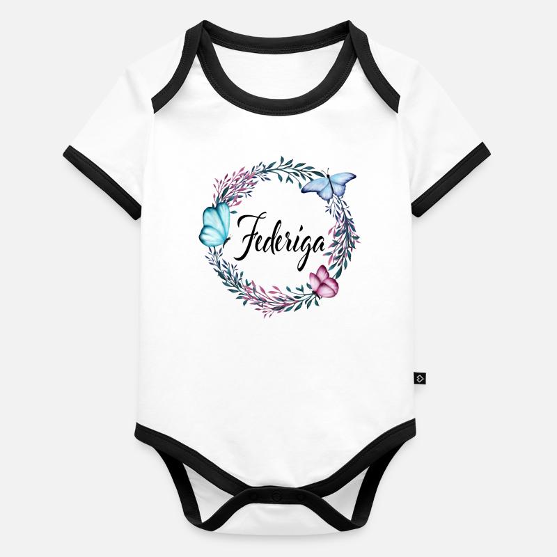 Federiga, nom, lettrage, couronne de fleurs, cadea Body Bébé bio contrasté manches courtes